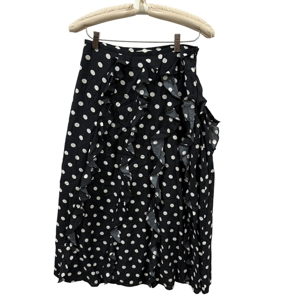 Doe and Rae Black White Polka Dot Ruffle Front Asymmetrical Midi Skirt Small